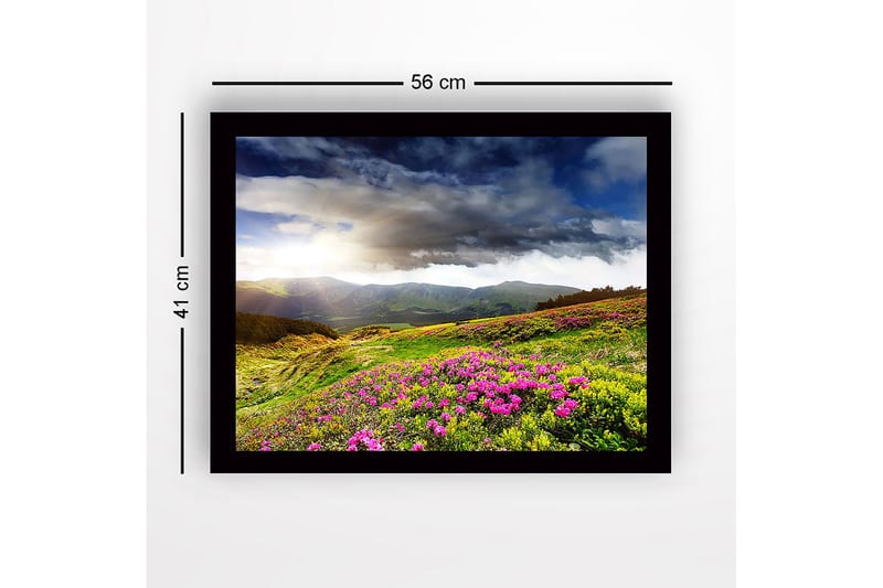 Kehystetty puupohja - 41x56 cm - Kaunis vuoristomaisema kukkivilla niityillä - Vihreä / Vaaleanpunainen / Sininen - Sisustustuotteet - Taulu & taide