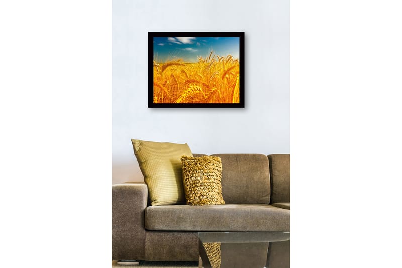 Kehystetty puinen canvas-taulu - 41x56 cm - Kultaiset vehnäpellot kirkkaan taivaan alla - Kulta / Sininen / Vihreä - Sisustustuotteet - Taulu & taide