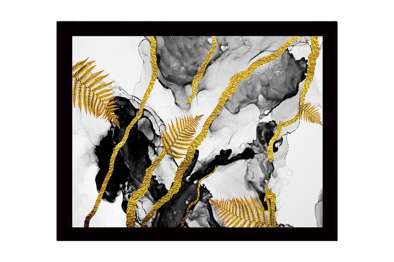 Kehystetty puukangas - 41x56 cm - Abstrakti sommitelma kultaisilla saniaisilla ja mustilla elementeillä, Kulta / Musta / Harmaa