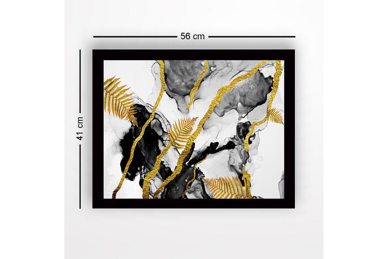 Kehystetty puukangas - 41x56 cm - Abstrakti sommitelma kultaisilla saniaisilla ja mustilla elementeillä - Kulta / Musta / Harmaa - Sisustustuotteet - Taulu & taide