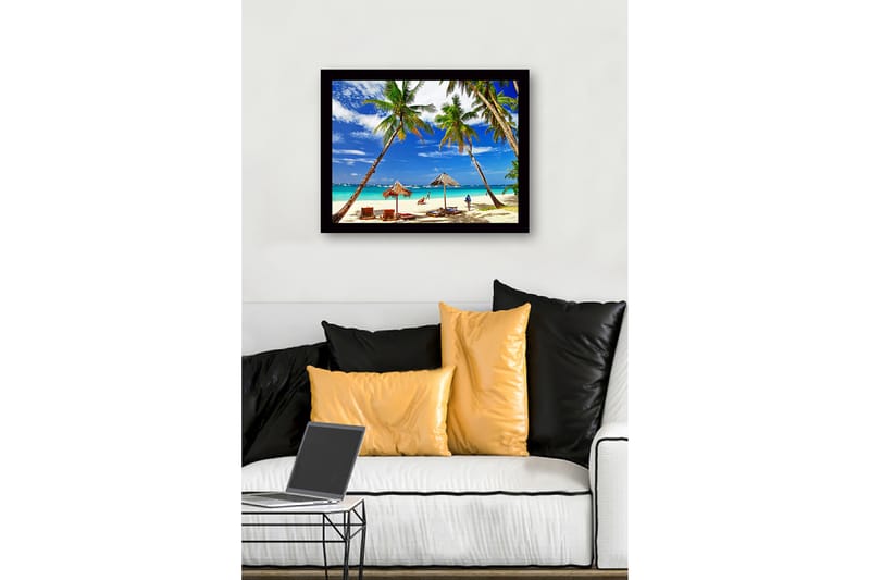 Kehystetty puutaulu canvas-taululla - 41x56 cm - Trooppinen ranta palmujen ja aurinkotuolejen kanssa - Sininen / Vihreä / Beige - Sisustustuotteet - Taulu & taide