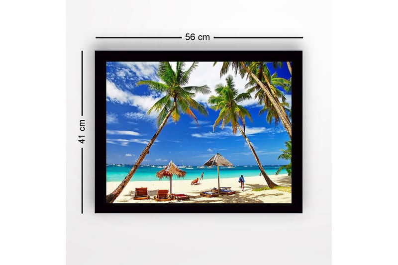 Kehystetty puutaulu canvas-taululla - 41x56 cm - Trooppinen ranta palmujen ja aurinkotuolejen kanssa - Sininen / Vihreä / Beige - Sisustustuotteet - Taulu & taide