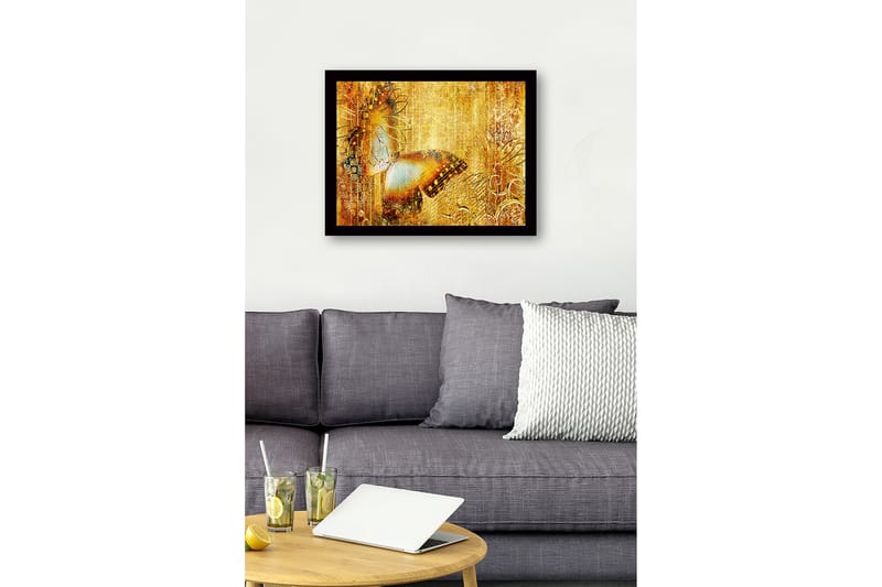 Kehystetty puukangas - 41x56 cm - Kimalteleva perhonen kultaisessa ympäristössä - Kulta / Ruskea / Sininen - Sisustustuotteet - Taulu & taide