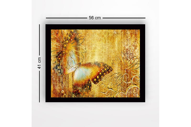 Kehystetty puukangas - 41x56 cm - Kimalteleva perhonen kultaisessa ympäristössä - Kulta / Ruskea / Sininen - Sisustustuotteet - Taulu & taide