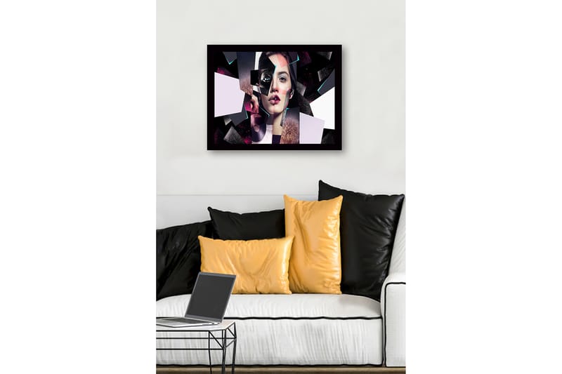 Kehystetty puukangas - 41x56 cm - Fragmentoitu muotokuva naisesta geometrisilla muodoilla - Musta / Vaaleanpunainen / Vaaleansininen - Sisustustuotteet - Taulu & taide