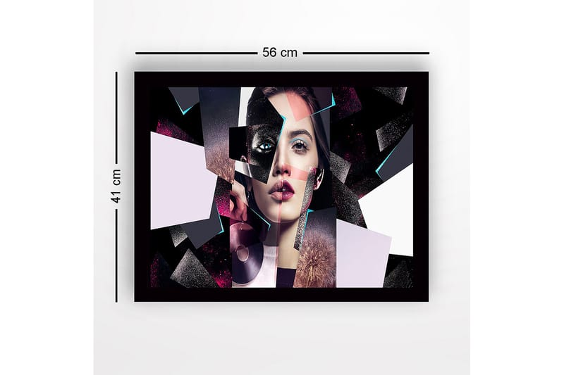 Kehystetty puukangas - 41x56 cm - Fragmentoitu muotokuva naisesta geometrisilla muodoilla - Musta / Vaaleanpunainen / Vaaleansininen - Sisustustuotteet - Taulu & taide