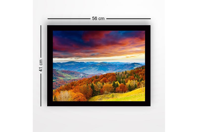 Kehystetty puutaulu canvasille - 41x56 cm - Kaunis syysmaisema värikkäillä puilla ja kaukaisilla vuorilla - Oranssi / Vihreä / Sininen - Sisustustuotteet - Taulu & taide