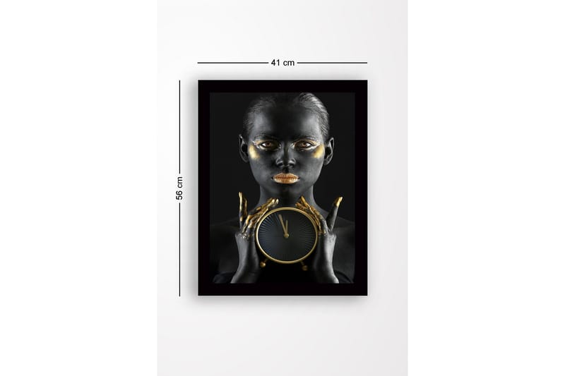 Kehystetty puutaulu - 41x56 cm - Muotokuva mustaihoisesta ja kultaisilla yksityiskohdilla varustetusta naisesta, joka pitelee kelloa - Musta / Kulta / Ruskea - Sisustustuotteet - Taulu & taide