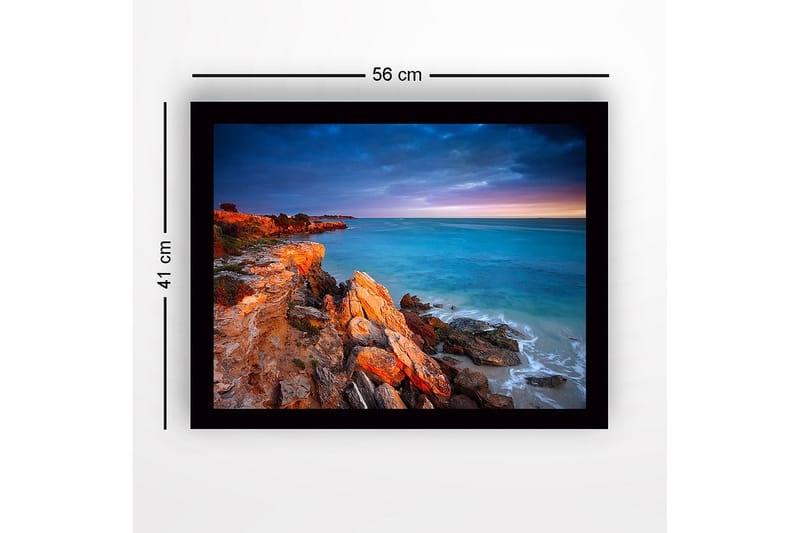 Kehystetty puutaulu canvas-taululla - 41x56 cm - Kaunis rannikko kallioineen ja meri hämärässä - Turkoosi / Oranssi / Harmaa - Sisustustuotteet - Taulu & taide