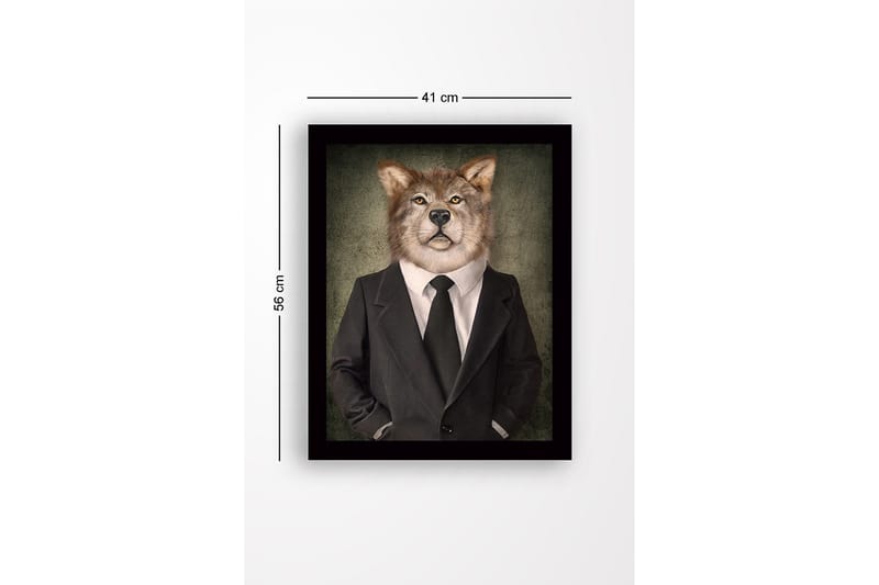 Kehystetty puutaulu canvasille - 41x56 cm - Ihmispiirteiset susi puvussa ja solmiossa - Harmaa / Musta / Beige - Sisustustuotteet - Taulu & taide