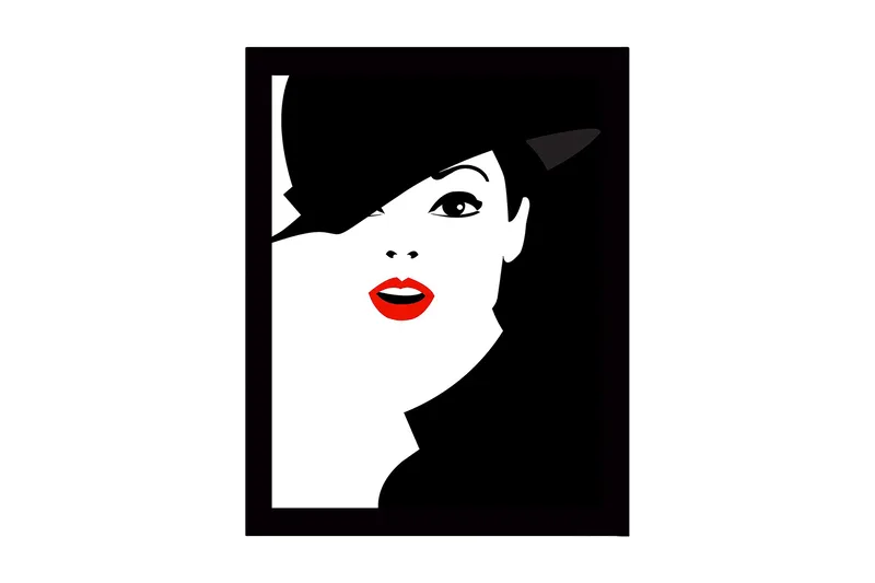 Kehystetty puinen canvas-taulu - 41x56 cm - Tyylitelty muotokuva naisesta hattu ja punainen huulipuna, Musta / Valkoinen / Punainen