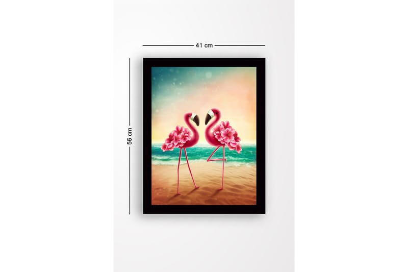 Kehystetty puutaulu - 41x56 cm - Kaksi flamingoja kukka-asetelmilla seisomassa lähellä toisiaan meren rannalla - Vaaleanpunainen / Turkoosi / Beige - Sisustustuotteet - Taulu & taide