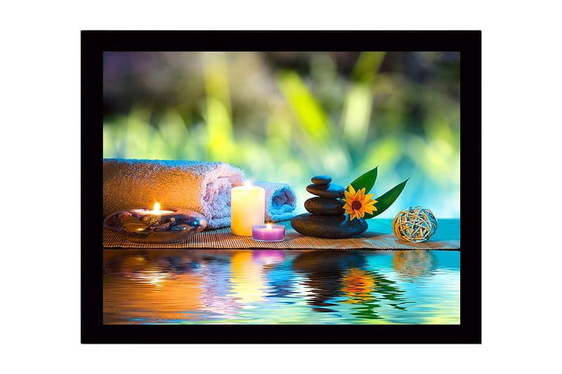 Kehystetty puutaulu canvasille - 41x56 cm - Rentouttava hiljaisuus kivien, kynttilöiden ja kukan kanssa, Vihreä / Sininen / Beige