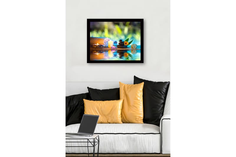 Kehystetty puutaulu canvasille - 41x56 cm - Rentouttava hiljaisuus kivien, kynttilöiden ja kukan kanssa - Vihreä / Sininen / Beige - Sisustustuotteet - Taulu & taide