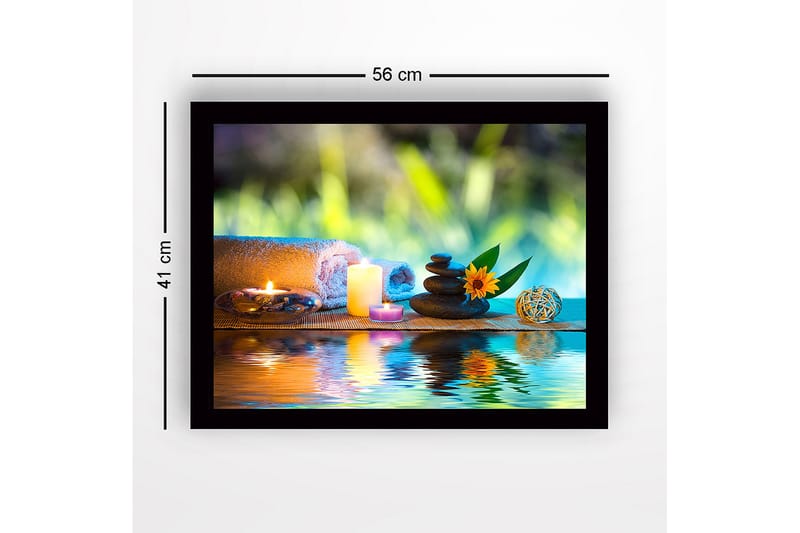 Kehystetty puutaulu canvasille - 41x56 cm - Rentouttava hiljaisuus kivien, kynttilöiden ja kukan kanssa - Vihreä / Sininen / Beige - Sisustustuotteet - Taulu & taide