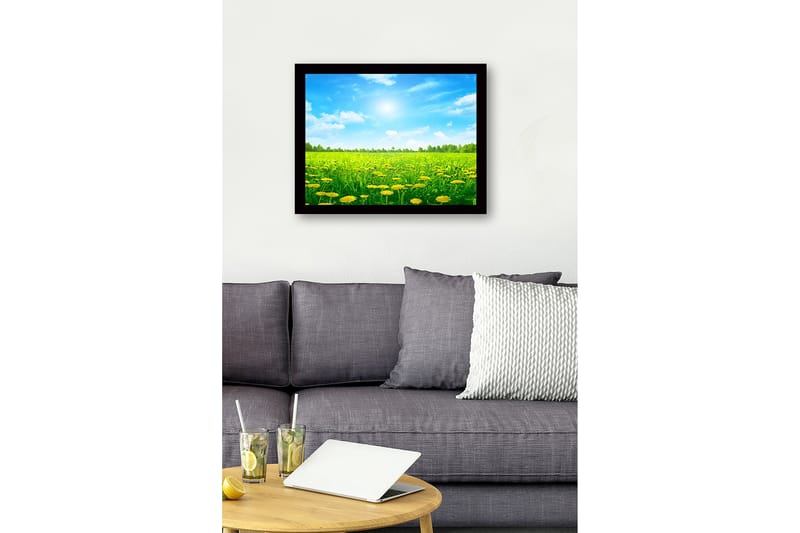 Kehystetty puutaulu canvasille - 41x56 cm - Aurinkoinen niitty kukkivien voikukkien kanssa - Vihreä / Keltainen / Sininen - Sisustustuotteet - Taulu & taide