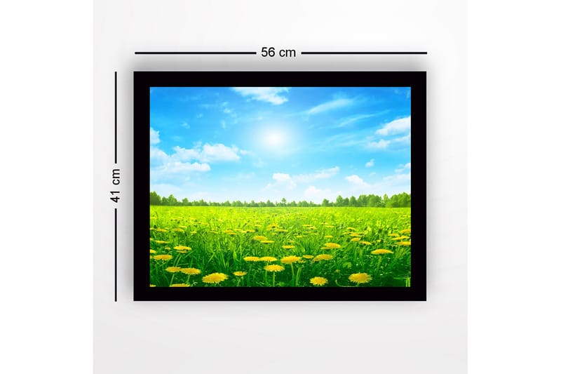 Kehystetty puutaulu canvasille - 41x56 cm - Aurinkoinen niitty kukkivien voikukkien kanssa - Vihreä / Keltainen / Sininen - Sisustustuotteet - Taulu & taide