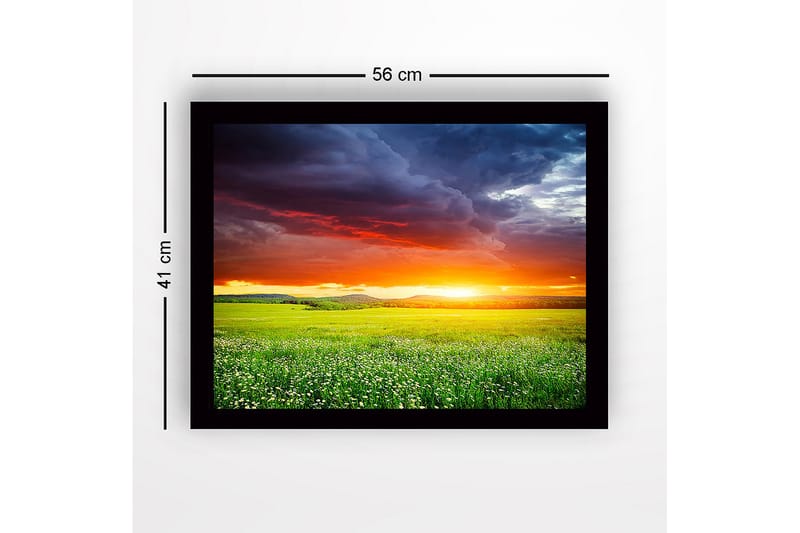 Kehystetty puutaulu canvasille - 41x56 cm - Upea auringonlasku vihreän niityn yllä - Oranssi / Vihreä / Sininen - Sisustustuotteet - Taulu & taide