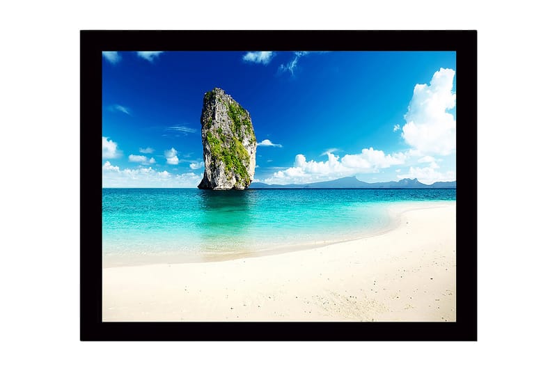 Kehystetty puinen canvas-taulu - 41x56 cm - Upea kallio kohoaa turkoosista merestä, Turkoosi / Sininen / Vihreä