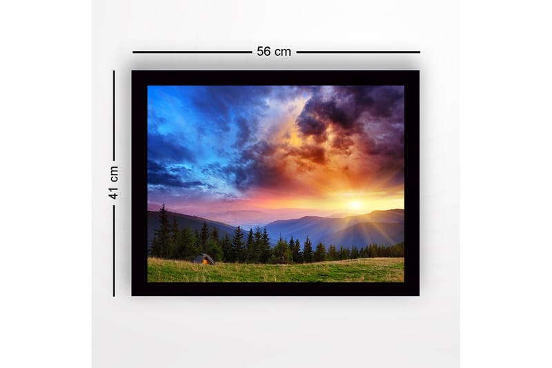 Kehystetty puucanvas - 41x56 cm - Upea auringonlasku vuorten ja metsän yllä - Sininen / Oranssi / Vihreä - Sisustustuotteet - Taulu & taide