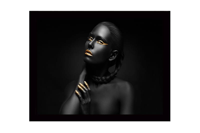 Kehystetty puutaulu canvasille - 41x56 cm - Muotokuva mustaihoisesta naisesta kultaisilla yksityiskohdilla, Musta / Kulta