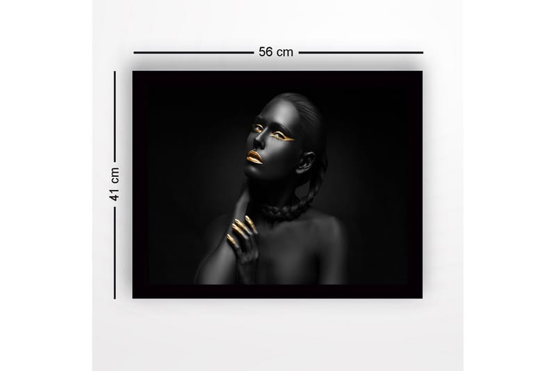 Kehystetty puutaulu canvasille - 41x56 cm - Muotokuva mustaihoisesta naisesta kultaisilla yksityiskohdilla - Musta / Kulta - Sisustustuotteet - Taulu & taide