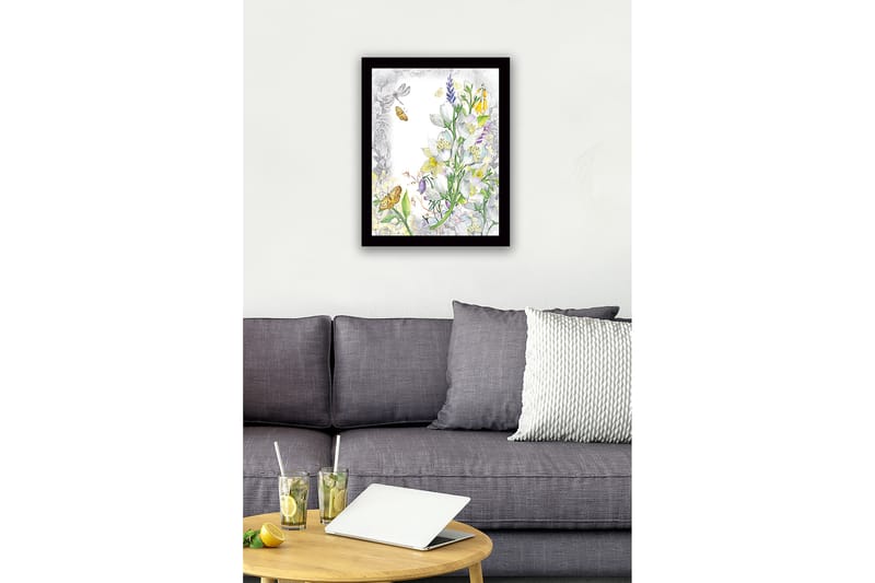Kehystetty puukangas - 41x56 cm - Kukkasommitelma perhosilla ja hyönteisillä - Valkoinen / Keltainen / Vihreä - Sisustustuotteet - Taulu & taide
