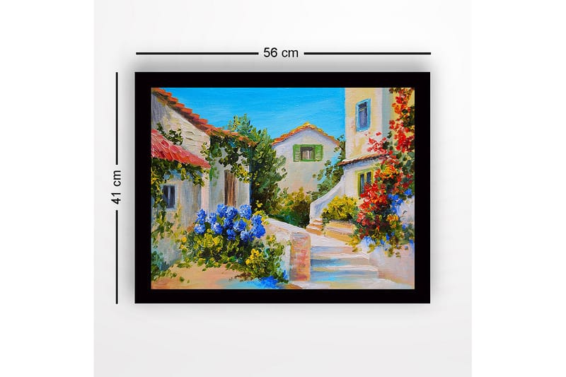 Kehystetty puukangas - 41x56 cm - Kaunis välimerellinen ympäristö kukilla ja kirkkaanvärisillä taloilla - Sininen / Vihreä / Punainen - Sisustustuotteet - Taulu & taide