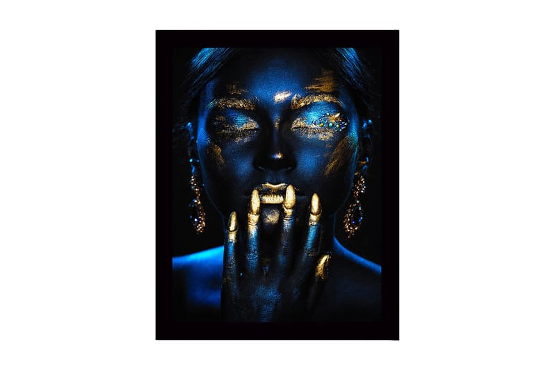 Kehystetty puukangas - 41x56 cm - Mysteerinen muotokuva kulta- ja sinisen sävyillä, Kulta / Tummansininen