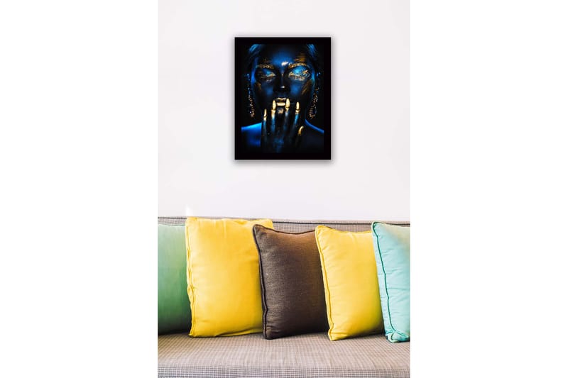 Kehystetty puukangas - 41x56 cm - Mysteerinen muotokuva kulta- ja sinisen sävyillä - Kulta / Tummansininen - Sisustustuotteet - Taulu & taide