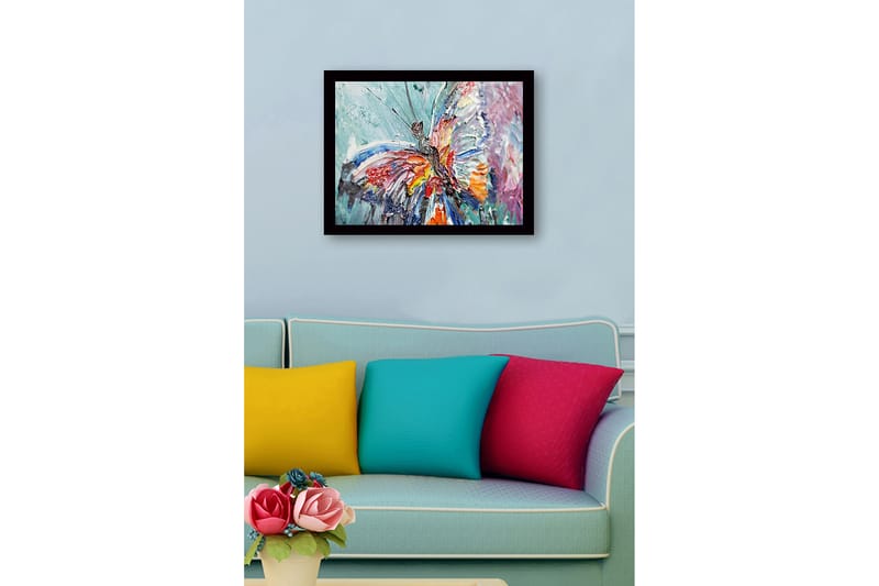 Kehystetty puupohjainen canvas - 41x56 cm - Värikäs perhonen yksityiskohtaisella tekstuurilla - Sininen / Punainen / Oranssi - Sisustustuotteet - Taulu & taide