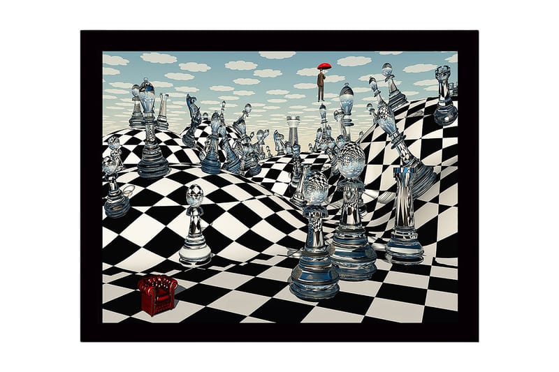 Kehystetty puutaulu canvas-taululla - 41x56 cm - Mielikuvituksellinen shakkimaisema läpinäkyvillä shakkinappuloilla ja sateenvarjoa kantavalla hahmolla, Sininen / Musta / Valkoinen