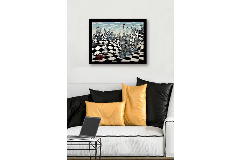 Kehystetty puutaulu canvas-taululla - 41x56 cm - Mielikuvituksellinen shakkimaisema läpinäkyvillä shakkinappuloilla ja sateenvarjoa kantavalla hahmolla - Sininen / Musta / Valkoinen - Sisustustuotteet - Taulu & taide
