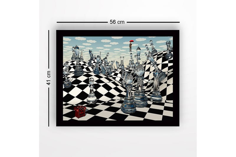 Kehystetty puutaulu canvas-taululla - 41x56 cm - Mielikuvituksellinen shakkimaisema läpinäkyvillä shakkinappuloilla ja sateenvarjoa kantavalla hahmolla - Sininen / Musta / Valkoinen - Sisustustuotteet - Taulu & taide