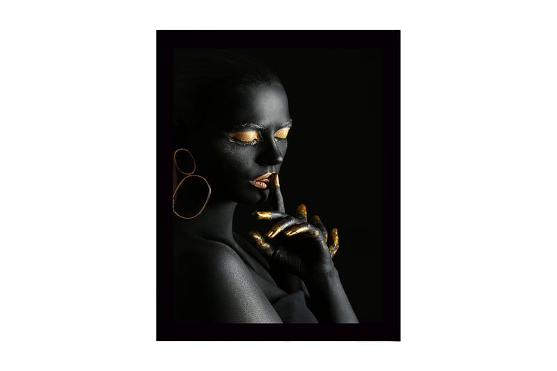 Kehystetty puutaulu canvasille - 41x56 cm - Muotokuva naisesta mustalla vartalomaalauksella ja kultaisilla yksityiskohdilla, Musta / Kulta