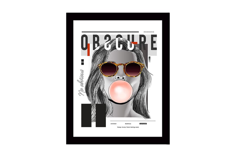 Kehystetty puinen canvas-taulu - 41x56 cm - Muotokuva naisesta aurinkolaseissa puhaltamassa purukumia, Harmaa / Musta / Beige