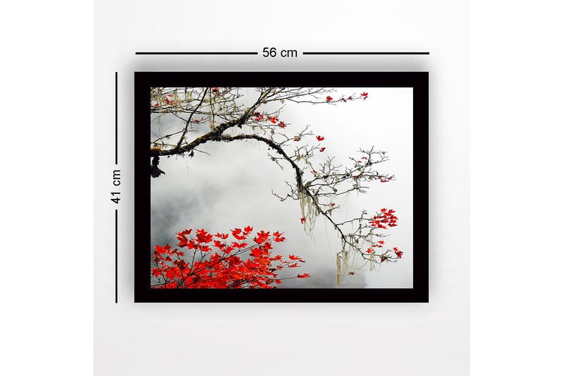 Kehystetty puutaulu canvasille - 41x56 cm - Kaunis oksa punaisilla syksynlehdillä sumuista taustaa vasten - Punainen / Harmaa / Ruskea - Sisustustuotteet - Taulu & taide