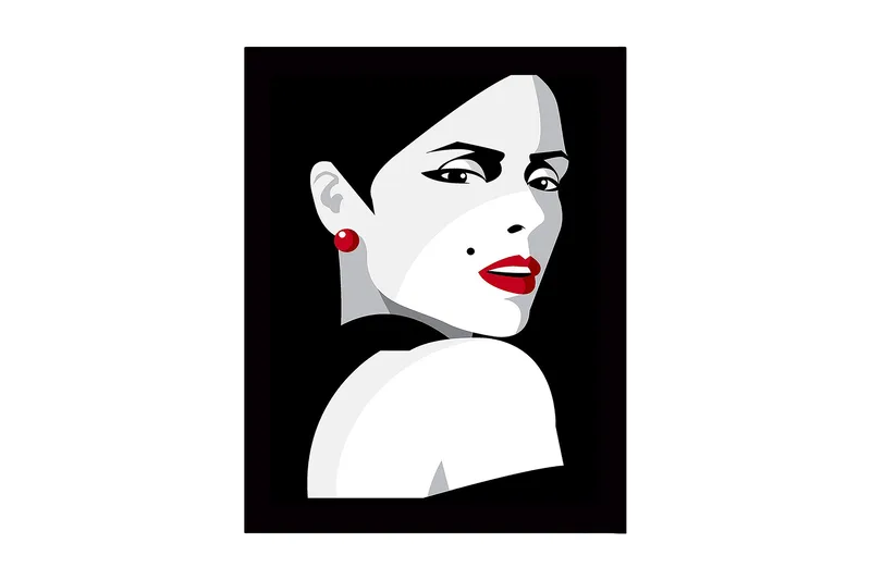 Kehystetty puucanvas - 41x56 cm - Muotokuva dramaattisesta naisesta, jolla on punainen huulipuna, Punainen / Musta / Harmaa