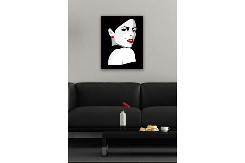 Kehystetty puucanvas - 41x56 cm - Muotokuva dramaattisesta naisesta, jolla on punainen huulipuna - Punainen / Musta / Harmaa - Sisustustuotteet - Taulu & taide