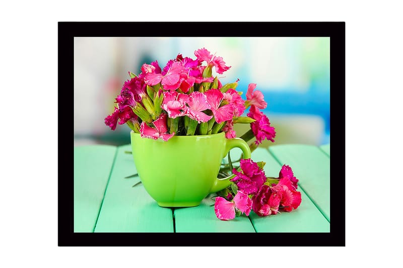 Kehystetty puutaulu canvasille - 41x56 cm - Värikäs kukkakimppu vihreässä kupissa, Vihreä / Vaaleanpunainen