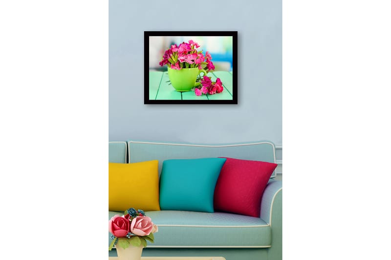 Kehystetty puutaulu canvasille - 41x56 cm - Värikäs kukkakimppu vihreässä kupissa - Vihreä / Vaaleanpunainen - Sisustustuotteet - Taulu & taide