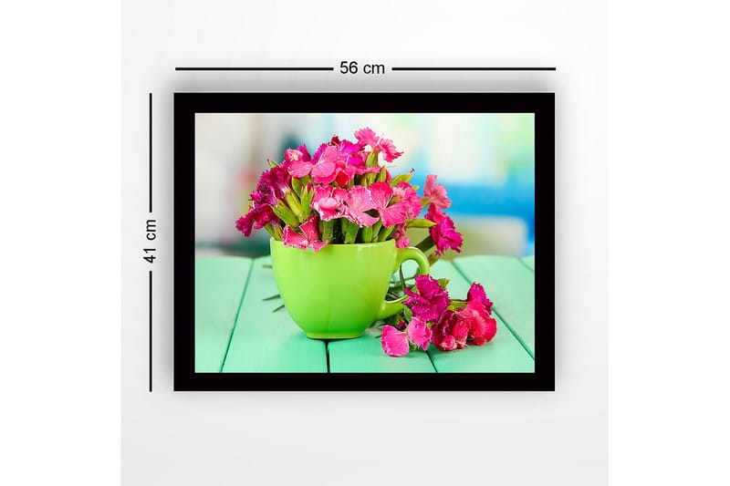 Kehystetty puutaulu canvasille - 41x56 cm - Värikäs kukkakimppu vihreässä kupissa - Vihreä / Vaaleanpunainen - Sisustustuotteet - Taulu & taide