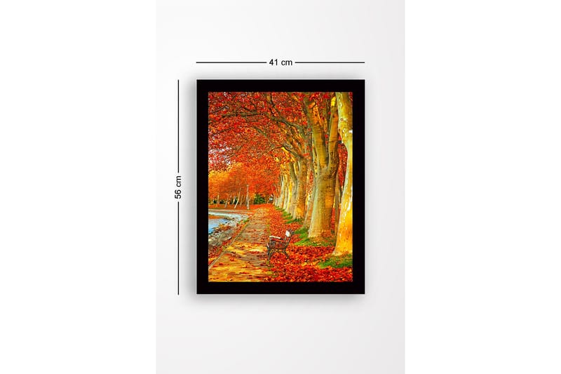 Kehystetty puutaulu canvas-taululla - 41x56 cm - Kaunis katu syksyn väristen puiden ja penkin kanssa kävelypolun varrella - Oranssi / Kulta / Vihreä - Sisustustuotteet - Taulu & taide