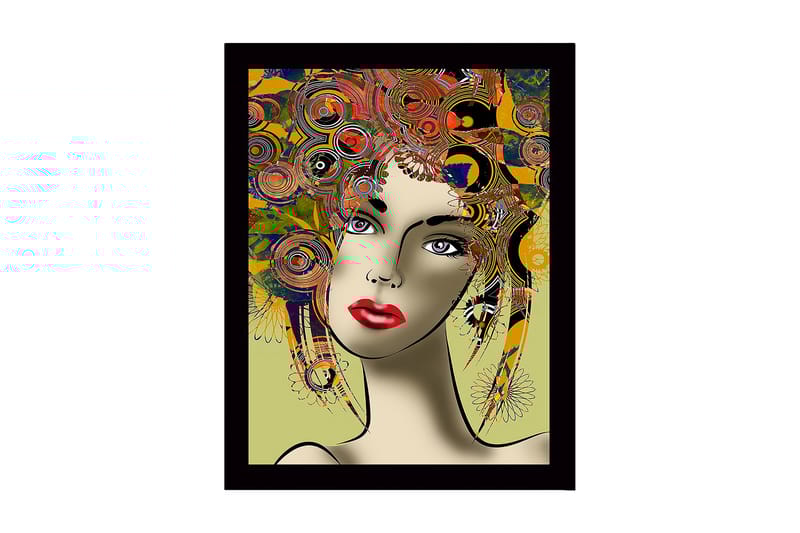 Kehystetty puutaulu canvasille - 41x56 cm - Muotokuva naisesta, jolla on värikäs kampaus ja vahvat piirteet, Punainen / Keltainen / Vihreä