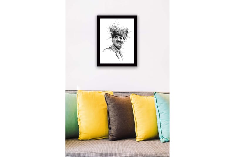 Kehystetty puutaulu canvasille - 41x56 cm - Muotokuva miehestä luovassa ja luontoaiheisessa päähineessä - Musta / Valkoinen - Sisustustuotteet - Taulu & taide