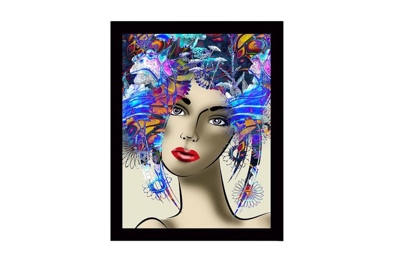 Kehystetty puutaulu canvasille - 41x56 cm - Muotokuva naisesta, jolla on värikäs kampaus ja vahvat piirteet, Sininen / Punainen / Violetti