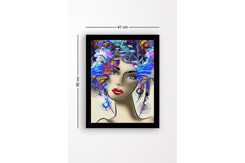 Kehystetty puutaulu canvasille - 41x56 cm - Muotokuva naisesta, jolla on värikäs kampaus ja vahvat piirteet - Sininen / Punainen / Violetti - Sisustustuotteet - Taulu & taide