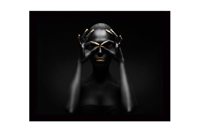 Kehystetty puutaulu canvasille - 41x56 cm - Naisen tumma siluetti kultaisilla yksityiskohdilla muodostaen naamion, Musta / Kulta