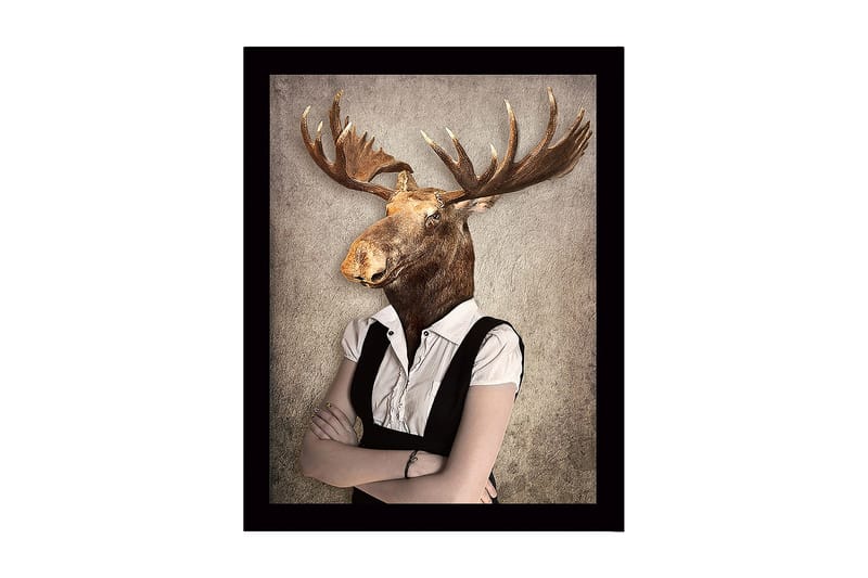 Kehystetty puukangas - 41x56 cm - Hirvenpään omaava mies juhla-asussa, Ruskea / Valkoinen / Harmaa