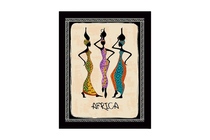 Kehystetty puutaulu canvasille - 41x56 cm - Kolme tyyliteltyä naista värikkäissä, perinteisillä kuvioilla koristelluissa mekoissa, Musta / Oranssi / Vihreä